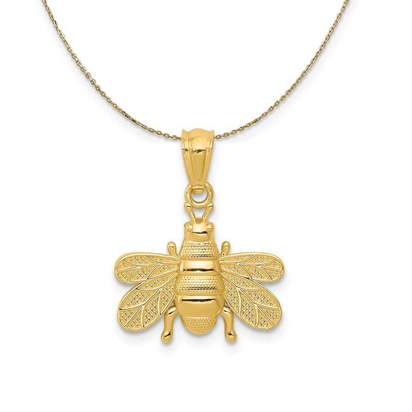 14k Yellow Gold 15mm Textured Bee Necklace - 16 Inch